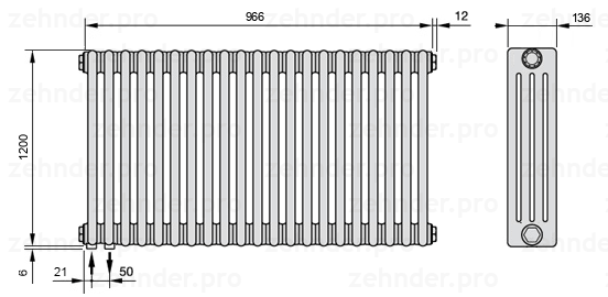 Схема (чертеж) Радиатор Zehnder Charleston 4120/21 №3370 Белый глянцевый RAL 9016